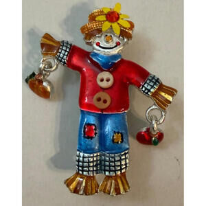 Vintage AJMC Brooch Pin Scarecrow w/ Pumpkin, Apple, Buttons Pewter Tone Enamel